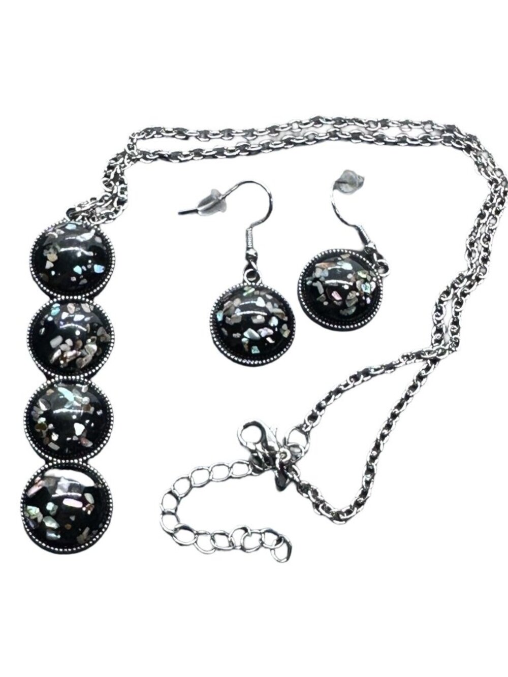 Black Confetti Pendant Necklace Dangle Earrings Set Silver Tone Women Jewelry